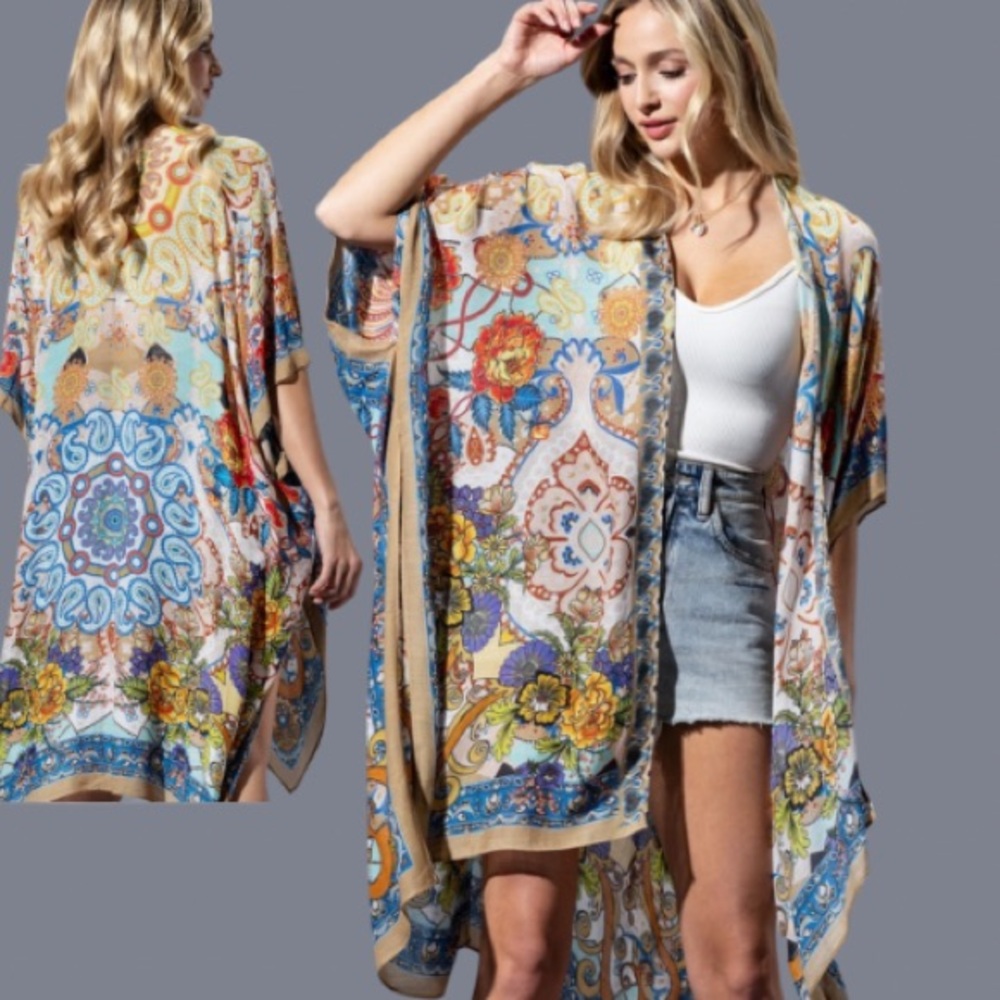 NWT Fabulous Bohemian Gold Blue Mandala Colorful Kimono